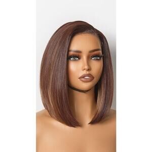 Chestnut Brown Caramel Highlights Bob Lace Front Wig Side Part Hairline 12 Inch